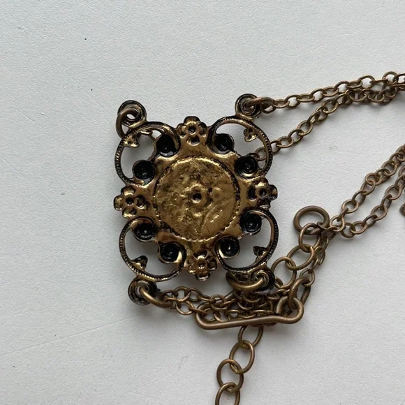 Vintage Gold Blue Rose Filigree Antique Necklace - Picture 3 of 4